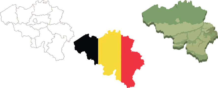 Belgium map set with political regions national flag and 3D terrain silhouette