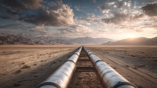 Desert landscapes and the relentless march of the fossil fuel industry. Bright colors. Golden dunes and endless pipelines: the color of energy consumption. Advertising photo. Strong contrast.