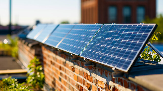 Solar panels mounted on brick wall in urban industrial environment