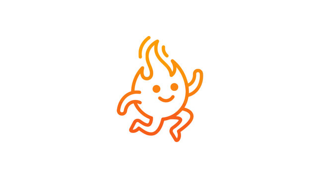 A cute orange flame character running happily on a white background