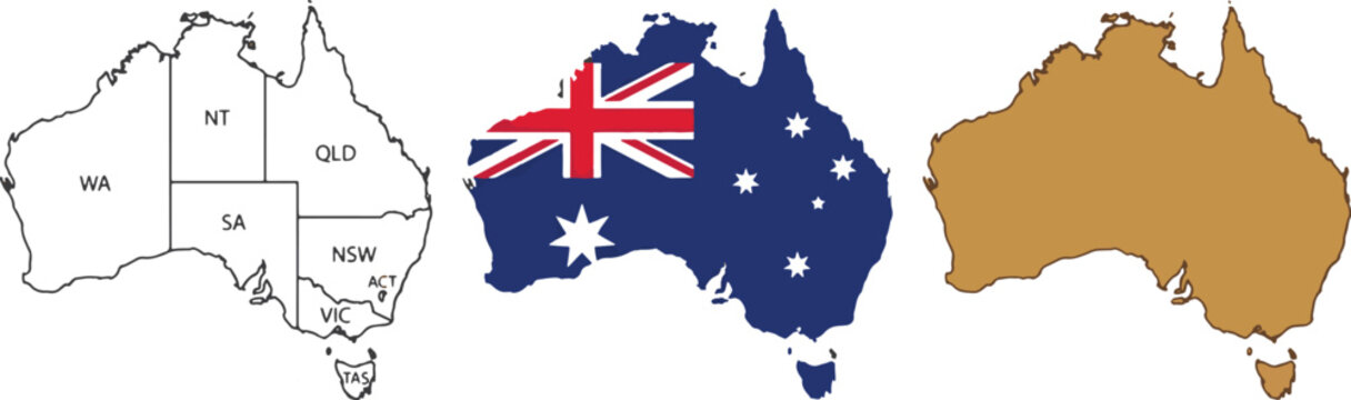 Australia map set with political divisions national flag and solid silhouette shape
