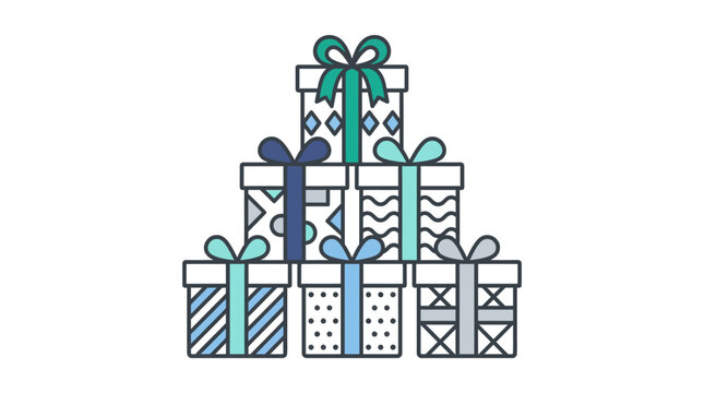 A stack of colorful gift boxes with decorative ribbons arranged in a pyramid shape