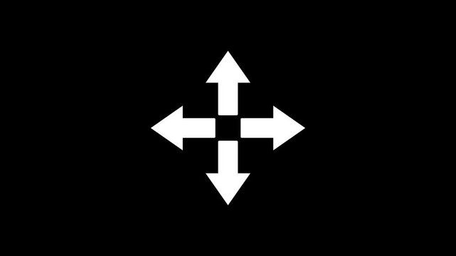 Four arrows corner four arrows expand Outline icon animation on black background. Arrow icon in trendy flat icon. Arrows all directions icon. 4k video