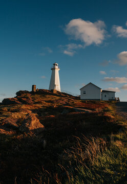 Cape Spear lighthouse atop a hill in warm evening light
