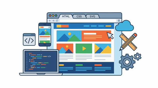 A colorful illustration depicting various devices and tools for web development