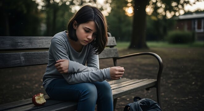 Sad young girl sitting alone on a park bench at dusk.