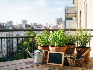 Fototapeta premium Fresh Potted Herbs and Gardening Tools on a Sunny Balcony