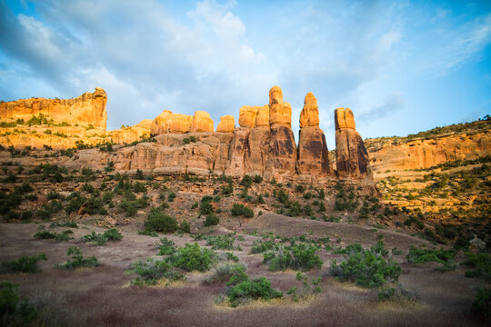Majestic desert spires glowing at sunset