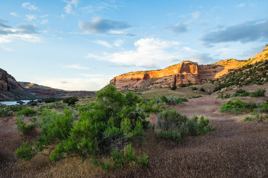 Golden sunset light on desert canyon walls