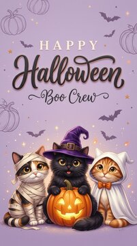 Happy halloween adorable kittens in costumes with a jack o' lantern