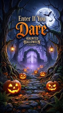 Haunted halloween spooky gate with jack o' lanterns for a festive october scene