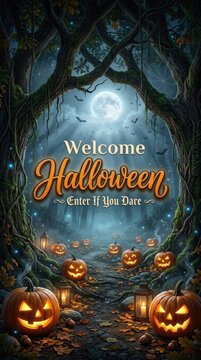Spooky halloween entrance jack o' lanterns and enchanted forest for a happy halloween