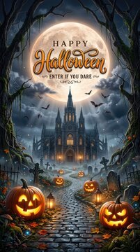 Happy halloween spooky castle with jack o' lanterns and a haunted cemetery scene