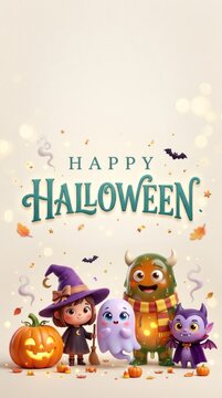 Happy halloween cute cartoon characters celebrating with pumpkins and spooky decorations