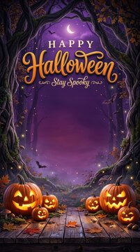 Happy halloween spooky forest scene with jack o' lanterns and halloween decor