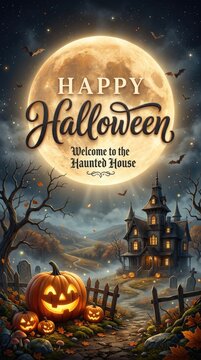 Happy halloween spooky haunted house with jack o' lanterns under a full moon
