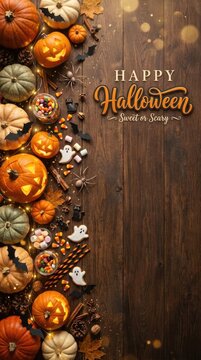 Happy halloween festive pumpkin and candy arrangement for spooky season celebrations