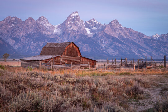 Weathered Wooden Barn and Fenced Ranch With Grand Teton Mountain