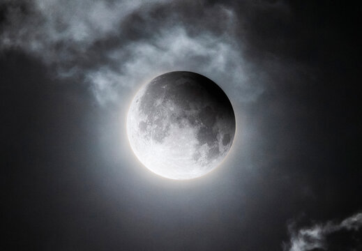 Full Moon During a Partial Lunar Eclipse Behind Clouds