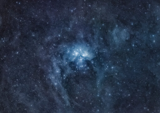 Deep space astrophotography of the Pleiades star cluster, Messier 45