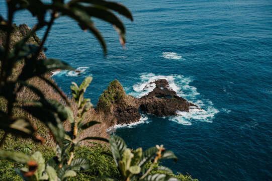 Volcanic sea stack off the coast at Ponta do Poiso, Madeira, Portugal