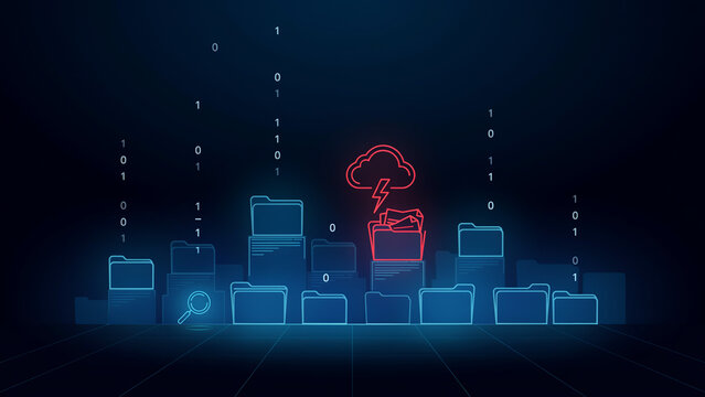 Digital folders and a bright red cloud icon with a lightning bolt symbolize a critical system error or corrupted data file issue within a complex dark blue cyber network environment.