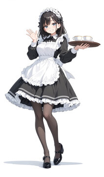 Elegant Anime Maid Waitress with Tea Tray