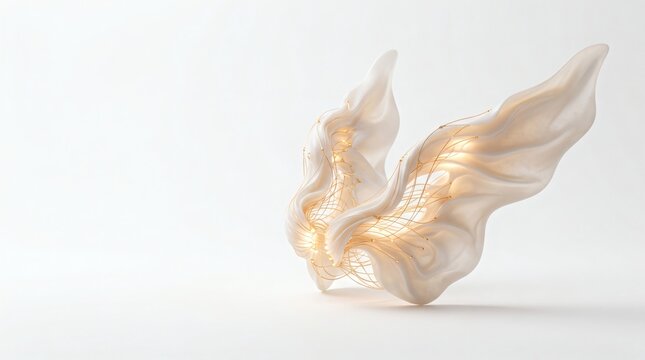 Translucent abstract sculpture with internal golden light on a white background.