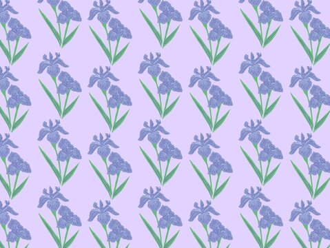 A seamless floral pattern with repeated clusters of blue irises (Iris spp. ) and green leaves, arranged diagonally against a light purple background. Each cluster features detailed blooms with overlap