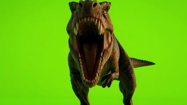 A massive, menacing Tyrannosaurus Rex dinosaur with its jaws open wide in a terrifying roar, stepping forward against a solid, bright green screen background.