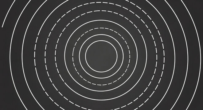 Abstract circular pattern graphic radiating outwards with concentric rings and dashed lines creating a sense of depth and motion against a textured dark surface, suitable for technology