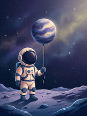 Naklejka premium Cute cartoon astronaut holding a planet balloon on the moon in space