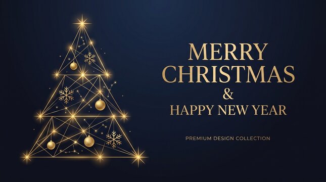 Premium Merry Christmas Banner with Abstract Golden Geometric Christmas Tree
