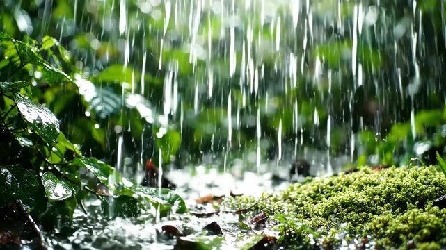 Lush Green Forest Rainfall Scene with Water Droplets.