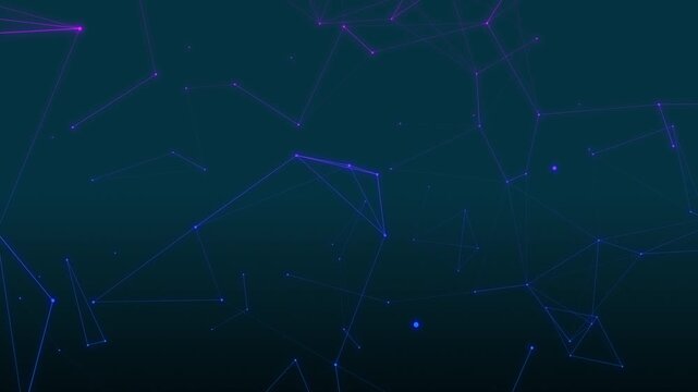 Abstract digital network background with connecting lines and glowing nodes moving on a dark blue gradient space. Perfect for technology, cyber security, and big data concepts