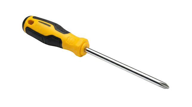 Phillips head screwdriver with yellow and black ergonomic handle, professional crosshead manual hand tool for home repair and construction isolated on Transparent Background