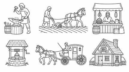 Obraz premium Medieval Life Illustration Set with Black and White Line Art