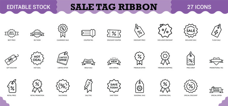 Sale tag ribbon collection with discount coupons badges and promotional shopping stickers.