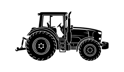 Farm Tractor Silhouette, Black Vector Icon Illustration of Agricultural Machine Side View © Nirmol