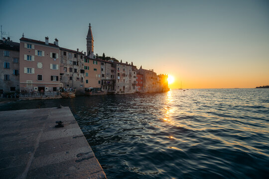 Historic town of Rovinj with Adriatic Sea at sunset, Istria, Croatia