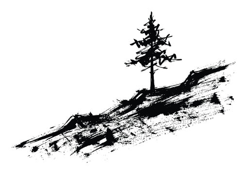 Black ink pine tree illustration, stylized brush strokes create a minimalist silhouette on a hillside for nature-themed graphic design