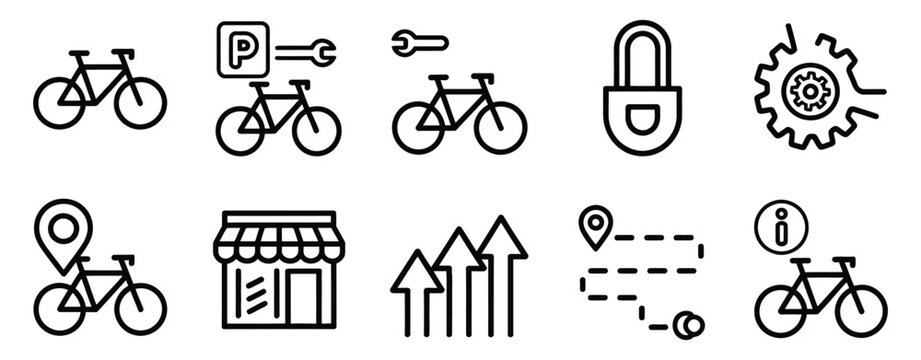 Bike hire icon set, streamlined line style symbols for bicycle rental, cycling services, bike sharing, docking stations, navigation, and editable vector illustration.