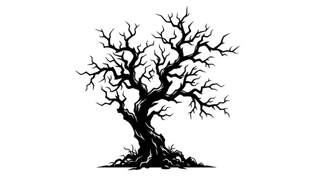 Bare tree, black silhouette, vector illustration, tree roots, dead branches