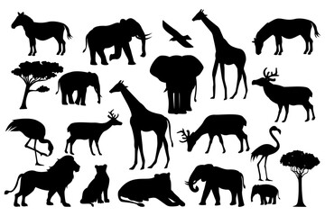 Obraz premium African Wildlife Animal Silhouette Vector Set with Safari Trees. Template Illustration Isolated on White Background