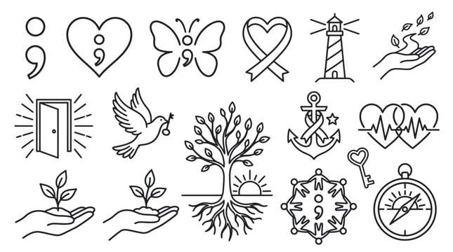 Collection of Hope and Resilience Symbols Including Semicolon, Lighthouse, Tree, and Hands.