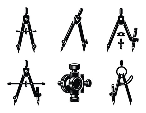 Vector illustration of different drafting compasses icon set, essential geometry tools for engineering, architecture, mathematics