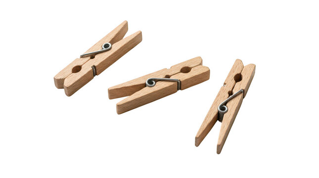 Wooden clothespins set with metal springs, natural wood laundry pegs for hanging clothes, three classic timber clothes pins for household chores isolated on Transparent Background