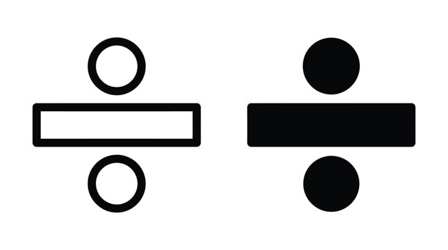 Division symbol icon set featuring mathematical math operation sign in both outlined and solid filled black graphic style isolated on a plain white background, division