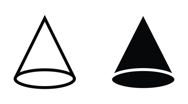 Geometrical cone shapes in outline and solid black silhouette variations with geometry triangle mathematical isolated dimension perspective structure monochrome