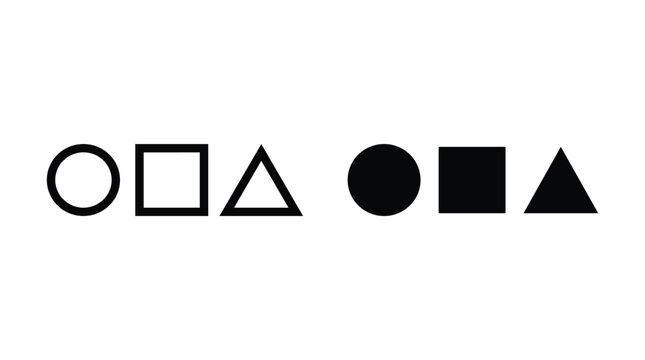 Set of basic geometric symbols circle square and triangle in outline and solid black with triangle geometric monochrome geometry isolated contrast composition
